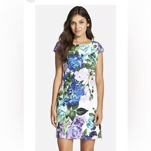 Eliza J cap sleeve, floral jacquard shift dress, size 6.